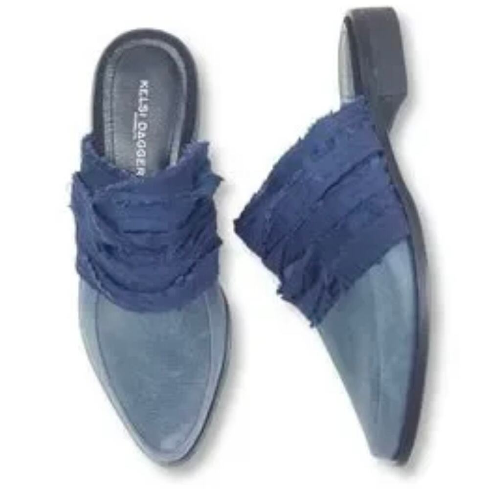 KELSI DAGGER | Brooklyn Alder Leather Mule Leather Textile Blue Slide On | 8